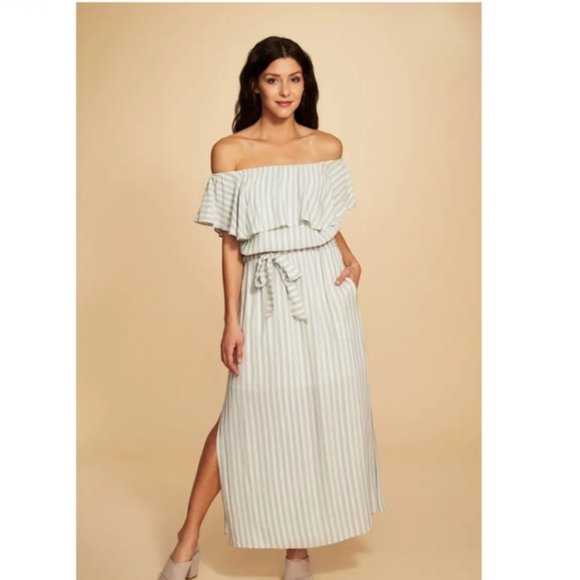 1. State Dresses & Skirts - 1. State Blue Striped Off The Shoulder Side Slit Maxi Dress